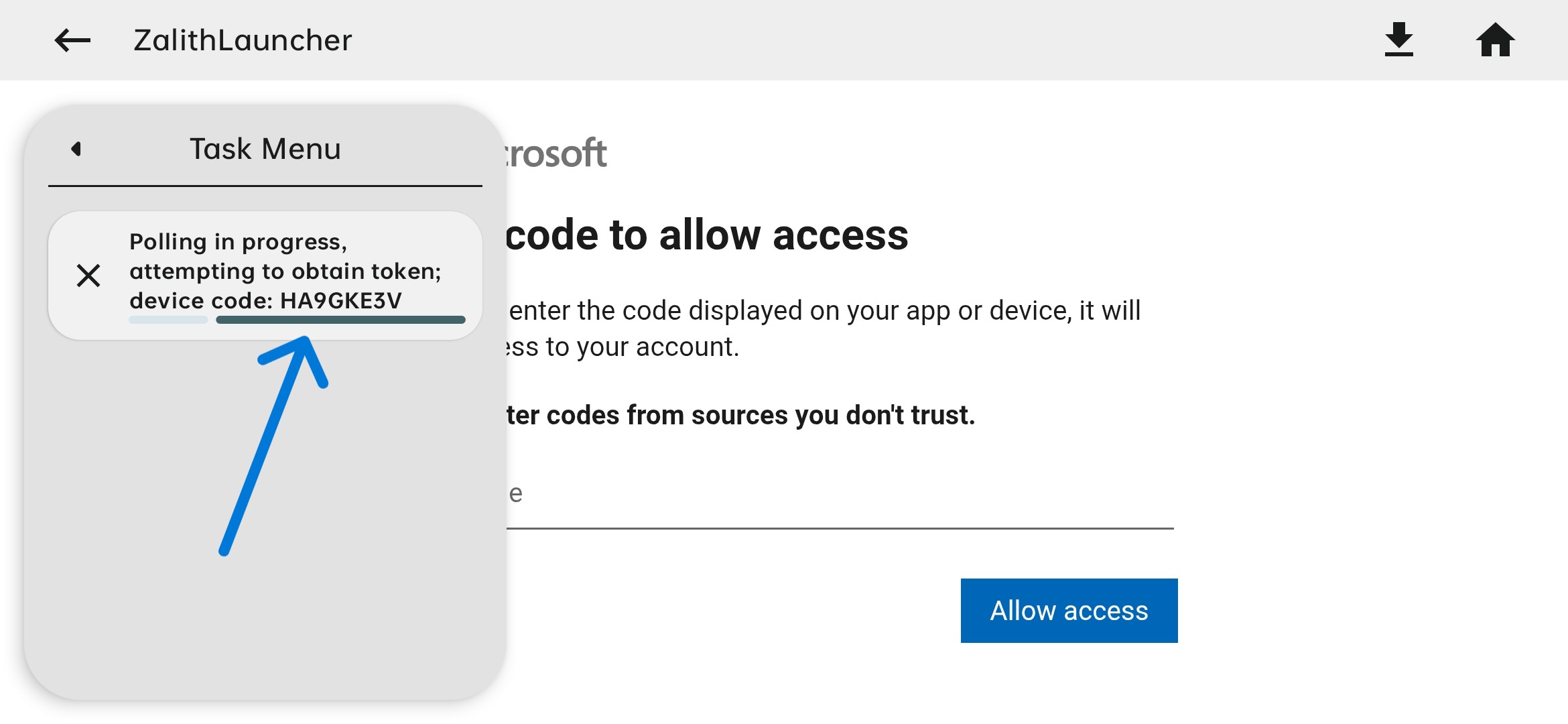 Device Code Task Panel